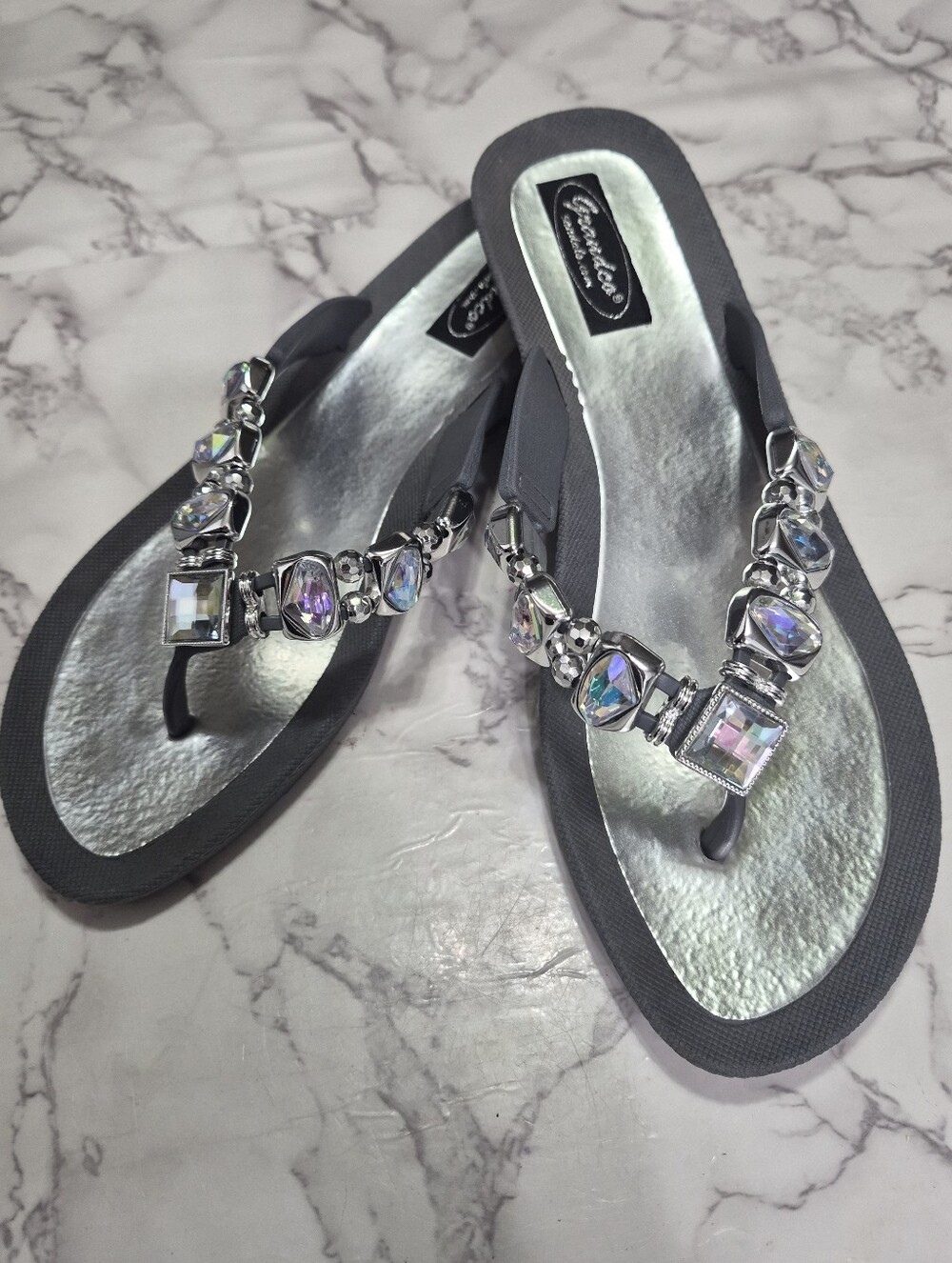 Embellished Iridescent Gem Thong Sandals